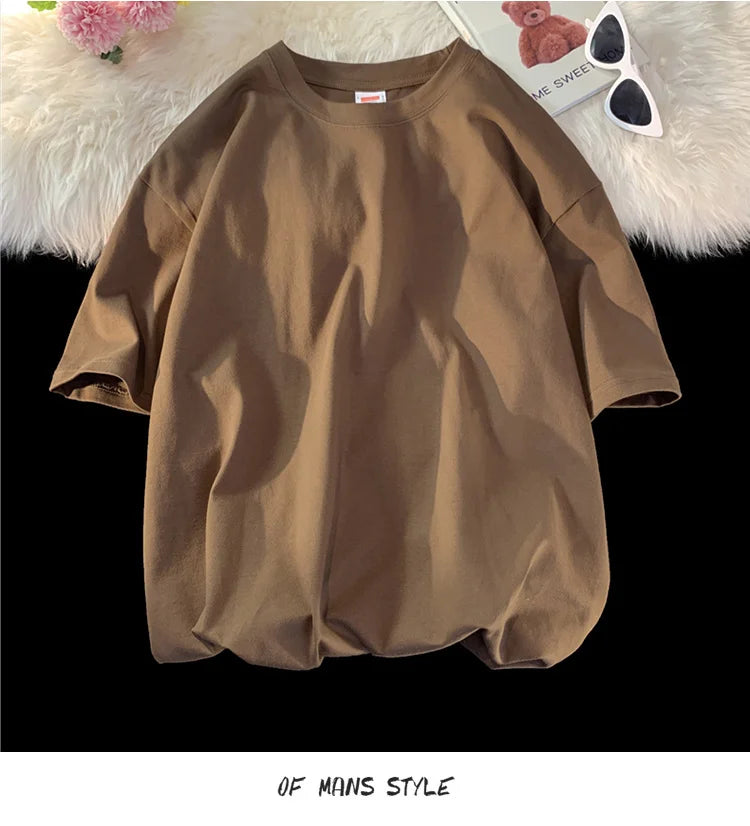 Quality 7.4oz 210gsm Drop-shoulder T-shirt For Men Large Size Short Sleeve Summer Cotton Tops Solid Color Casual Male Tee Shirts