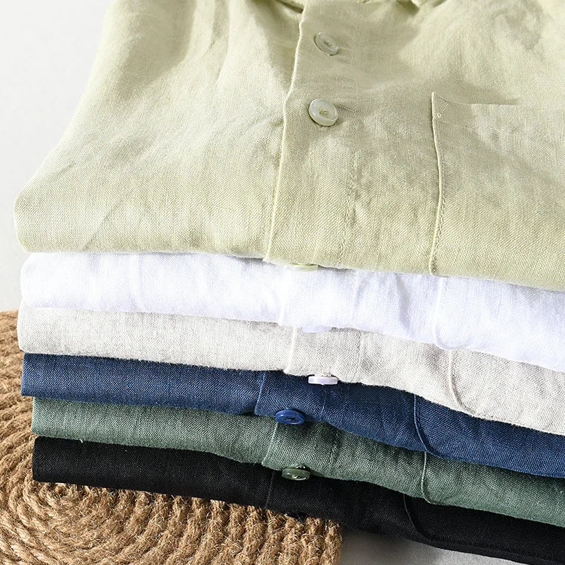 923 100% Linen Men's Summer Fashion Shirt High Quality Solid Color Simple Casual Short Sleeve Blouses Basic Thin Breathable Tops