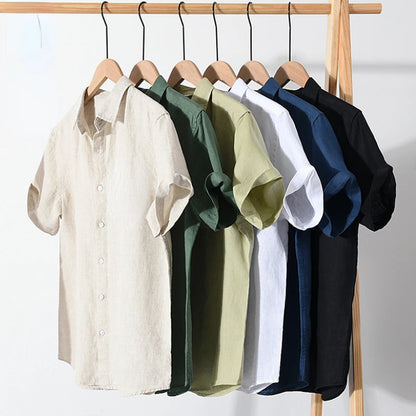 High Quality Cotton Linen Men's Summer Fashion Shirt Solid Color Simple Casual Short Sleeve Blouses Basic Thin Breathable Tops