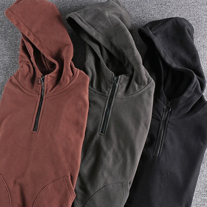 Heavy cashmere half zipper sweater men's hooded autumn and winter thick warm niche senior coat men