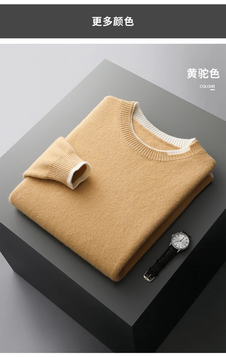 LHZSYY Winter New 100% Merino Pure Wool Pullovers Men's O-Neck Fake Two-piece Jacket Leisure Thick Sweater Youth Loose Warm Tops