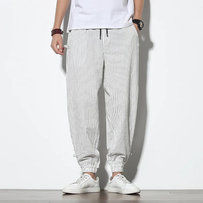 Four Seasons Men Disc Buckle Striped Harem Pants Breathable Cotton Linen Pencil Pants Buckle Casual Bloomers Fashion Trousers