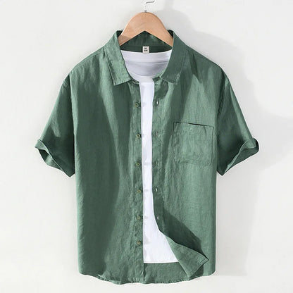 923 100% Linen Men's Summer Fashion Shirt High Quality Solid Color Simple Casual Short Sleeve Blouses Basic Thin Breathable Tops