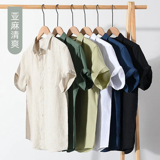 923 100% Linen Men's Summer Fashion Shirt High Quality Solid Color Simple Casual Short Sleeve Blouses Basic Thin Breathable Tops