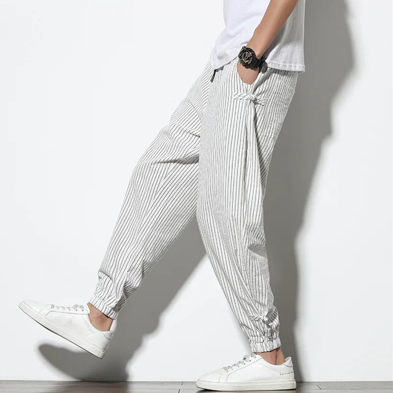 Four Seasons Men Disc Buckle Striped Harem Pants Breathable Cotton Linen Pencil Pants Buckle Casual Bloomers Fashion Trousers