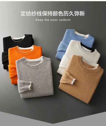 LHZSYY Winter New 100% Merino Pure Wool Pullovers Men's O-Neck Fake Two-piece Jacket Leisure Thick Sweater Youth Loose Warm Tops