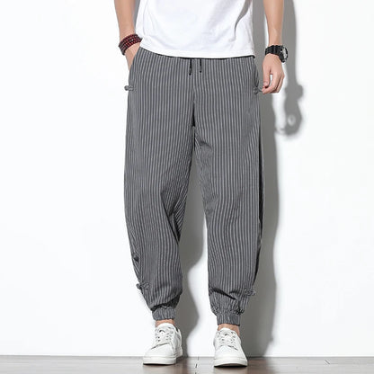 Four Seasons Men Disc Buckle Striped Harem Pants Breathable Cotton Linen Pencil Pants Buckle Casual Bloomers Fashion Trousers