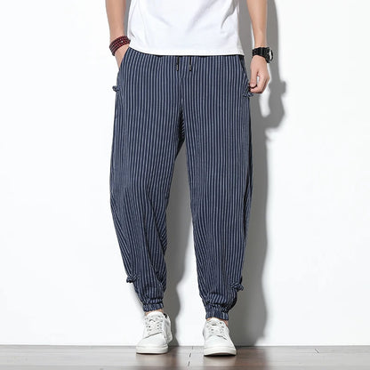 Four Seasons Men Disc Buckle Striped Harem Pants Breathable Cotton Linen Pencil Pants Buckle Casual Bloomers Fashion Trousers