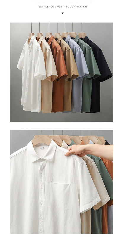 DUKEEN Cotton Shirt Short-Sleeved Men's Summer Tide Senior Sense of Retro Inch Shirt Solid Color White Shirt