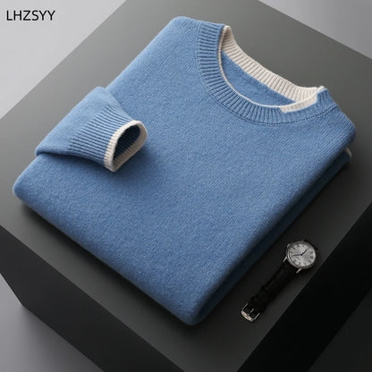 LHZSYY Winter New 100% Merino Pure Wool Pullovers Men's O-Neck Fake Two-piece Jacket Leisure Thick Sweater Youth Loose Warm Tops