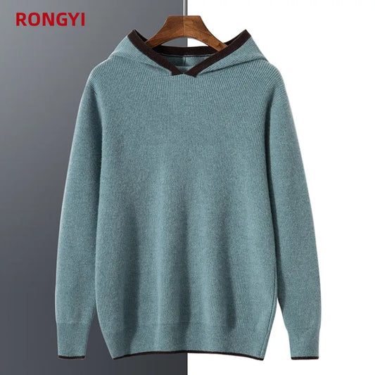 RONGYI 100% Pure Goat Cashmere Men's Sweater Pullover Autumn And Winter Thickened Keep Warm Casual Hooded Knitted Loose Top