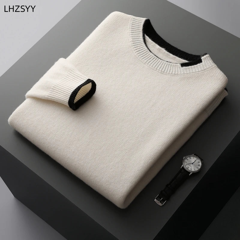 LHZSYY Winter New 100% Merino Pure Wool Pullovers Men's O-Neck Fake Two-piece Jacket Leisure Thick Sweater Youth Loose Warm Tops