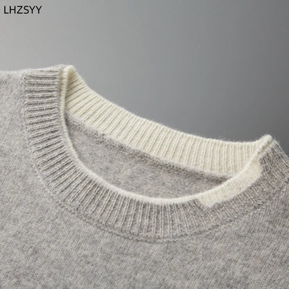 LHZSYY Winter New 100% Merino Pure Wool Pullovers Men's O-Neck Fake Two-piece Jacket Leisure Thick Sweater Youth Loose Warm Tops