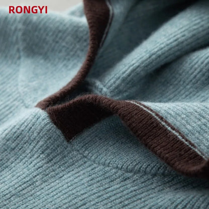 RONGYI 100% Pure Goat Cashmere Men's Sweater Pullover Autumn And Winter Thickened Keep Warm Casual Hooded Knitted Loose Top