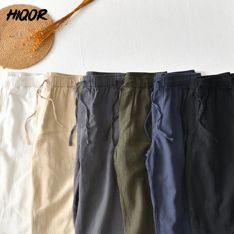 HIQOR 6 Colors Men's Cotton Linen Casual Pants Summer New In Breathable Solid Linen Trousers For Men Male Straight Baggy Pants