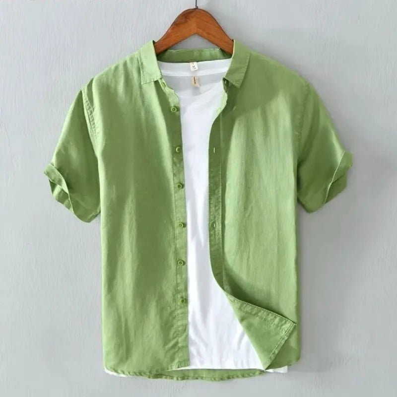 High Quality Cotton Linen Men's Summer Fashion Shirt Solid Color Simple Casual Short Sleeve Blouses Basic Thin Breathable Tops