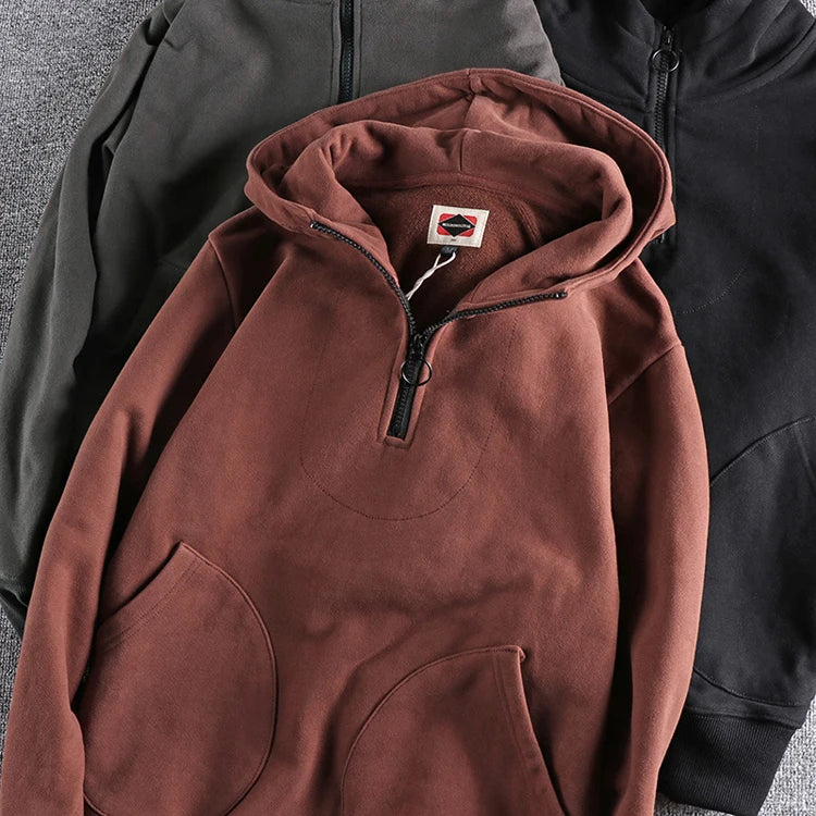 Heavy cashmere half zipper sweater men's hooded autumn and winter thick warm niche senior coat men