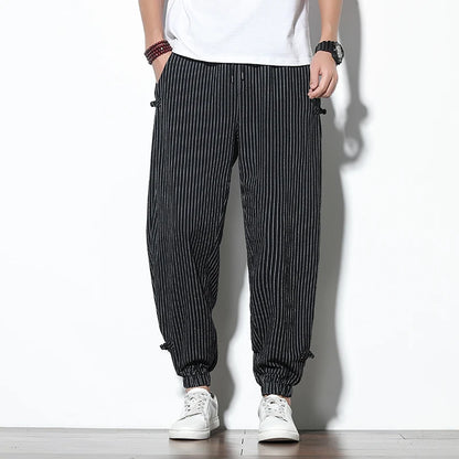 Four Seasons Men Disc Buckle Striped Harem Pants Breathable Cotton Linen Pencil Pants Buckle Casual Bloomers Fashion Trousers