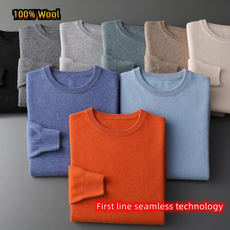 100% Pure Wool Sweater Men First Line Garment Seamless Pullover Spring and Autumn Basis Loose Casual Cashmere Knitting Sweater