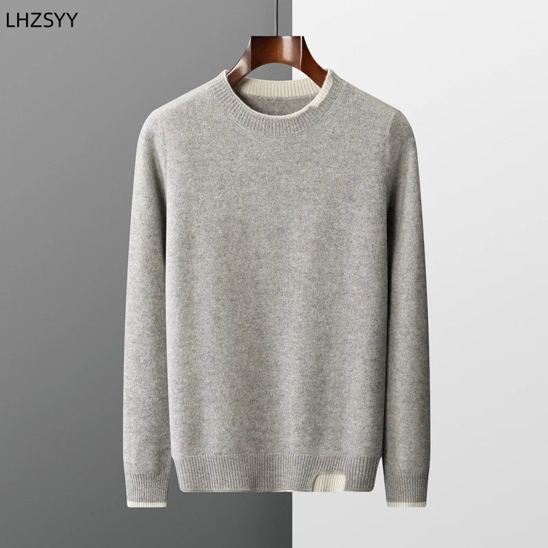 LHZSYY Winter New 100% Merino Pure Wool Pullovers Men's O-Neck Fake Two-piece Jacket Leisure Thick Sweater Youth Loose Warm Tops