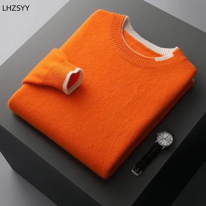 LHZSYY Winter New 100% Merino Pure Wool Pullovers Men's O-Neck Fake Two-piece Jacket Leisure Thick Sweater Youth Loose Warm Tops