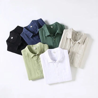 923 100% Linen Men's Summer Fashion Shirt High Quality Solid Color Simple Casual Short Sleeve Blouses Basic Thin Breathable Tops